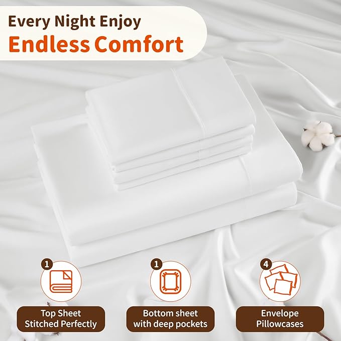 LBRO2M 1000 Thread Count 100% Egyptian Cotton Sheets Set 6 Piece Sets California King Bed Sheet Deep Pocket Sheet Set 16" Soft Comfortable All Season (California King, White)