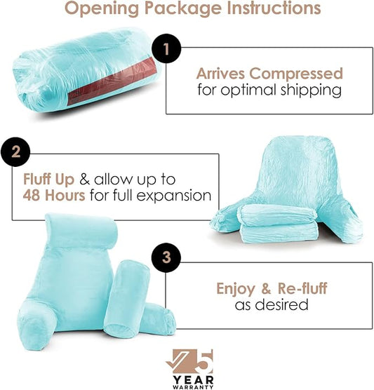 Nestl Reading Pillow with Shredded Memory Foam Includes 2 Neck and Lumber Support Pillows, Designed for Sitting Up in Bed and Couch, Back and Arms Adjustable Support for Adult & Teens, Light Blue