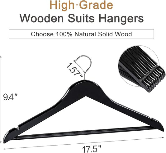 TOPIA HANGER Wooden Coat Hangers 30 Pack, Black Wood Suit Hangers with Non Slip Pants Bar, 360° Swivel Hook and Shoulder Notches for Camisole, Jacket, Pants, Smooth Finish Clothes Hangers -CT34B30