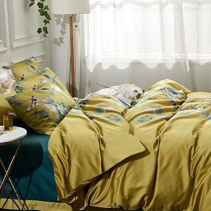 MKXI Vintage Pattern Comforter Set Birds and Flowers Print Cartoon Animal Full Comforter for Kids Cute Jungle Comforters Yellow Quilt Set