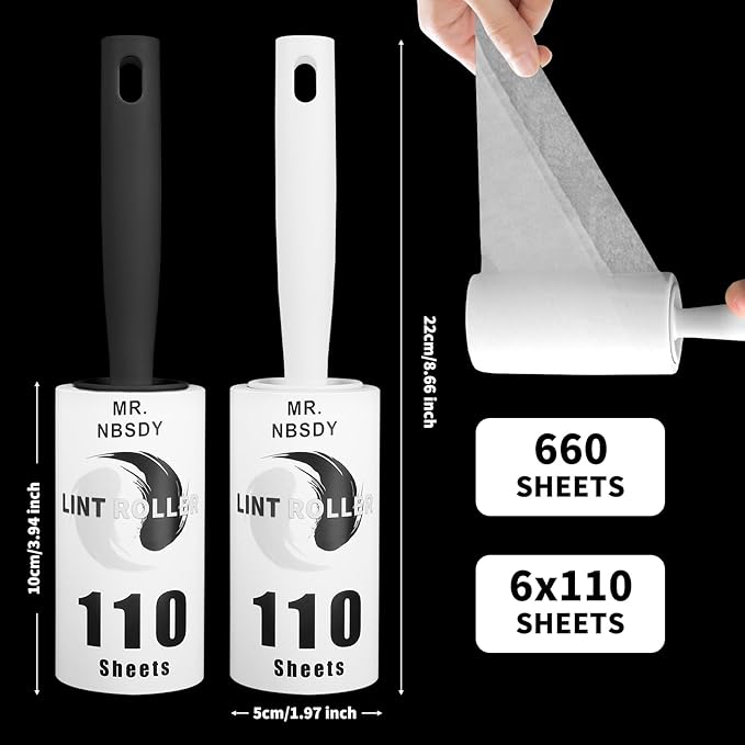 Lint Rollers for Pet Hair Extra Sticky, [660 Sheets/6 Refills] Lint Roller with 2 Upgraded Handles, Portable Lint Remover Brush Pet Hair Remover for Dog & Cat Hair