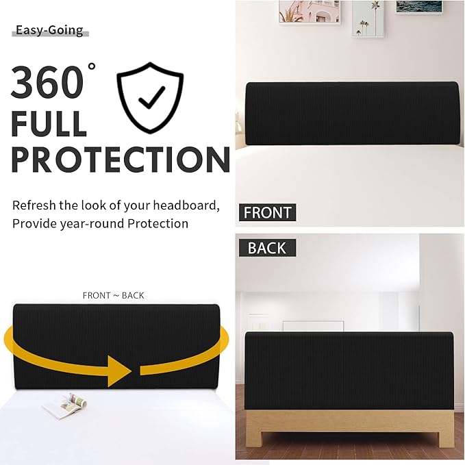 Easy-Going Stretch Bed Headboard Cover,Small Square Jacquard Headboard Slipcover, Dustproof Bed Head Cover for Bedroom (Queen,Black)