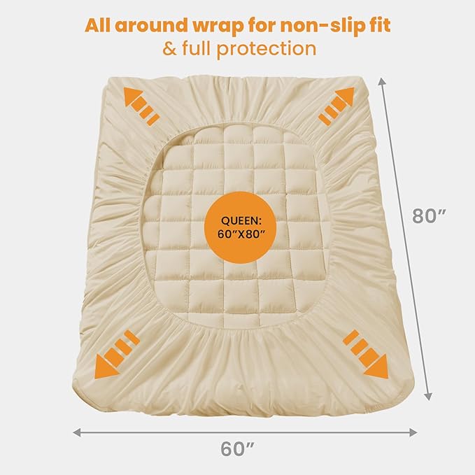 MATBEBY Queen Size Mattress Pad - Cooling Breathable Mattress Topper, Quilted Fitted Mattress Protector, Pillow Top Mattress Cover with 8-21" Deep Pocket, Soft, Machine Washable, Beige, 60x80 Inches
