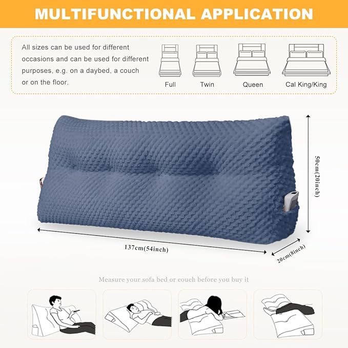 Large Triangular Headboard Wedge Pillow Soft and Supportive Headboard Backrest Positioning Support Bolster Cushion, Bed Wedge Pillow with Removable Cover(Dark Blue,Full,54x8x20inch)