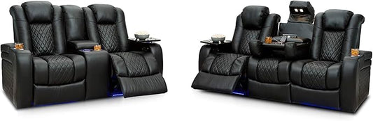 Seatcraft Anthem Italian Leather Sofa w/Fold-Down Table & Loveseat w/Storage Console, Living Room, Power Headrest, Power Recline, Black