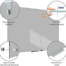 TSJ OFFICE Glass Dry-Erase Board - 48 x 32 Inches Wall Mounted Glass Whiteboard, Large Frameless Magnetic White Board for Office, Home & School, Gray