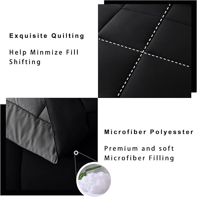 DOWNCOOL Queen Comforter Set -All Season Bedding Comforters Sets with 2 Pillow Cases-3 Pieces Bedding Sets Queen -Down Alternative Black/Grey Queen Size Comforter Sets(88"x92")