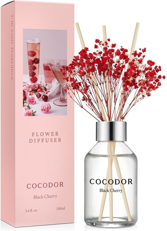 COCODOR Flower Reed Diffuser Set / 3.4oz / Black Cherry/Scent Diffuser with Sticks Home Fragrance Reed Diffuser for Bathroom Shelf Decor
