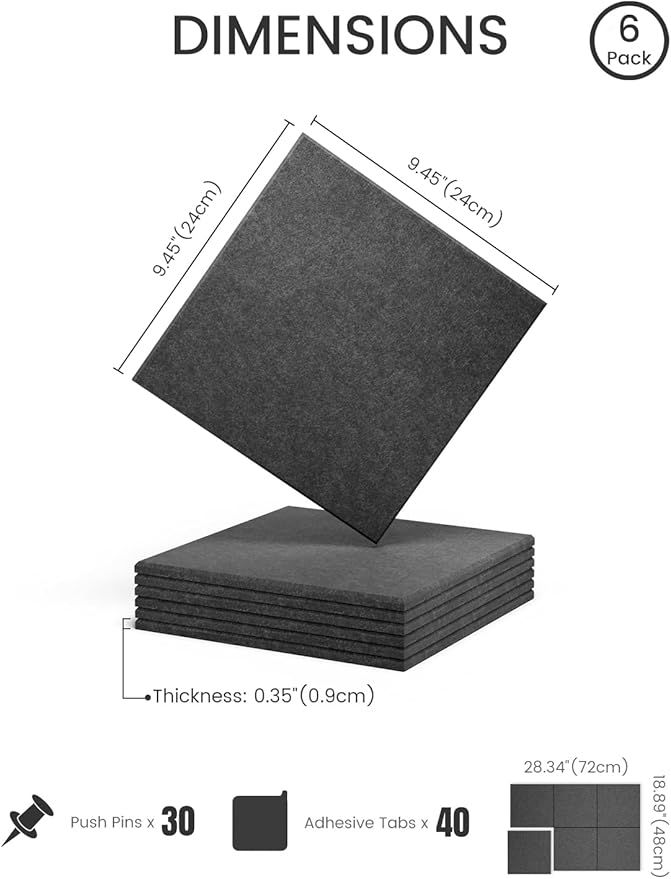 Felt Bulletin Board Tiles -28"x18" Cork Board Alternative for Office Decor, Push Pin Board Wall Organizer 6-Pack - Charcoal Gray