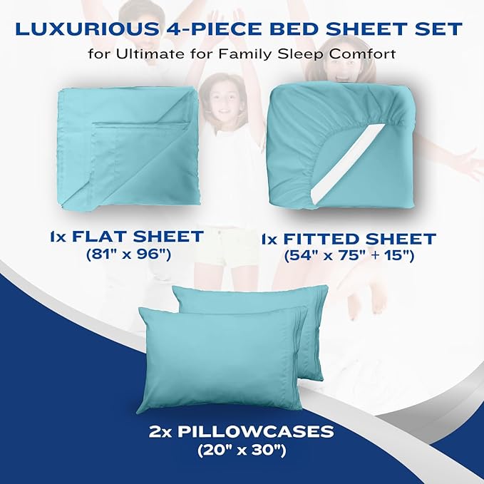DREAMCARE Full Size Sheets Set - 4 Pcs Cooling Bed Sheets with Up to 15" Deep Pockets - Soft, Long-Lasting 100% Brushed Polyester with Side Pocket (Spa Blue) DREAMCARE