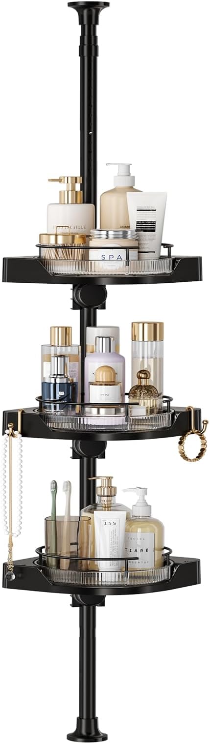 Corner Shower Caddy Tension Pole, 3 Tiers Rotating Shower Organizer for Bathroom Shelf Bathtub, Adjustable Standing Shower Rack Bathroom Accessories, Easily Assemble, 34-124 Inch Height，Black