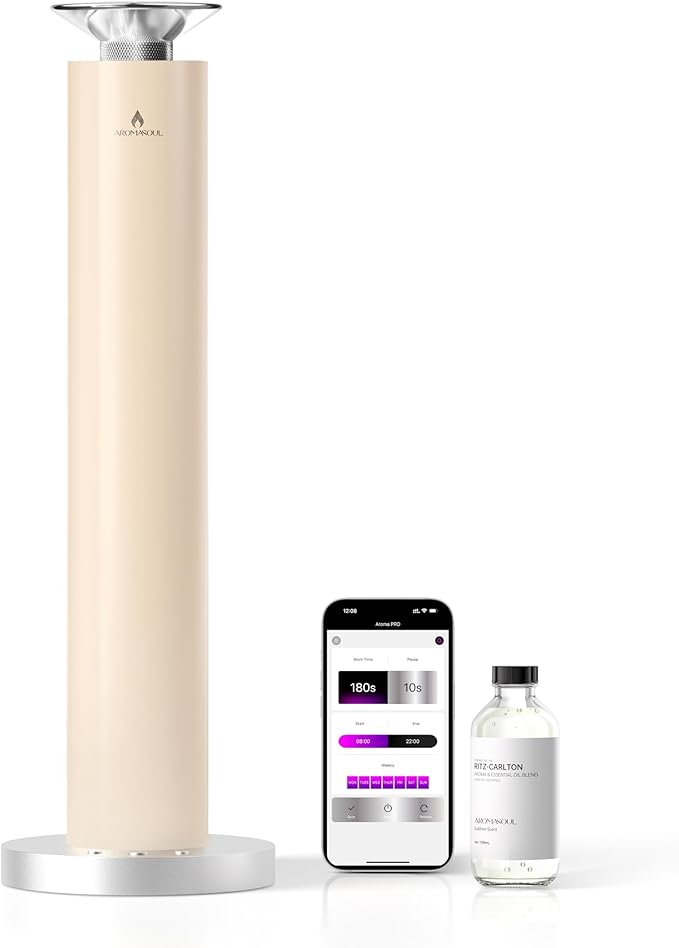 Waterless Scent Diffuser Starter Kit - Alloy Atomization System, Smart Rechargeable Hotel Scent Diffuser, 1500 Sq Ft Coverage, Including 120ml Essential Oil, for Home, Large Room, Spa, Cream