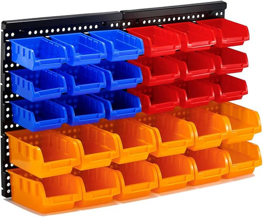 30-Bin Wall Mounted Storage Bins Kit, Tool Organizer Rack, Garage Hardware Organizer, 3 Color Parts Storage Bins, DIY Combination