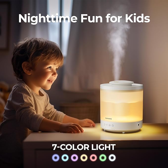 Homvana Small Humidifiers for Bedroom - 2 Packs 1.5L Cool Mist Top Fill Humidifier for Baby Nursery, Essential Oil Diffuser, 3 in 1 for Home Plants Offices and Grow Tents, 7 Color Lights, Ultrasonic