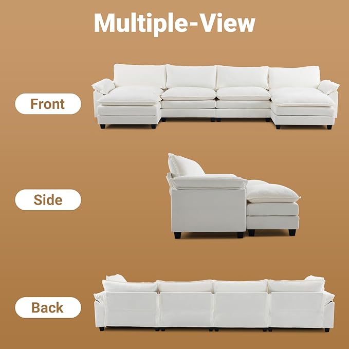 VINGLI 157" Cloud White/Cream Convertible Sectional Sofa, Comfy U-Shape Extra Deep Seat Sofa Couch for Living Room,Modern Chenille 4-Seat Convertible Sofa with 2 Movable Ottomans for Small Space