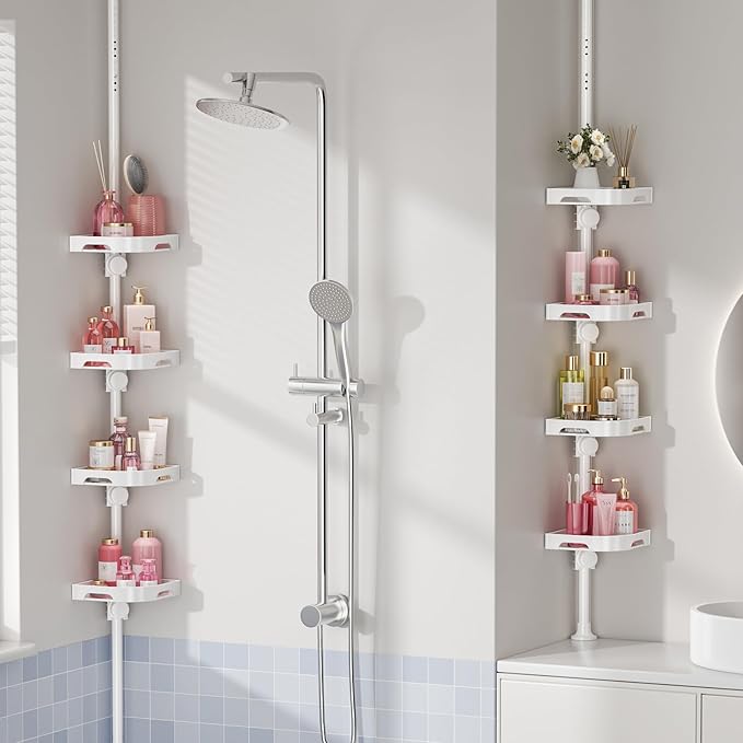 4-Tier Corner Shower Caddy Tension Pole Organizer - Adjustable Rustproof Metal Tension Pole, Plastic Shelves with Safety Guardrail, Bathroom Storage for Shower & Bathtub(White)