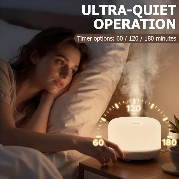 Essential Oil Diffuser 500ml,Aromatherapy Diffuser with 7 LED Lights,Quiet Air Humidifier 4-in-1 with Timer & Auto-Off,Compact Scent Diffuser for Bedroom,Yoga,SPA,Baby Room(Basic Edition)
