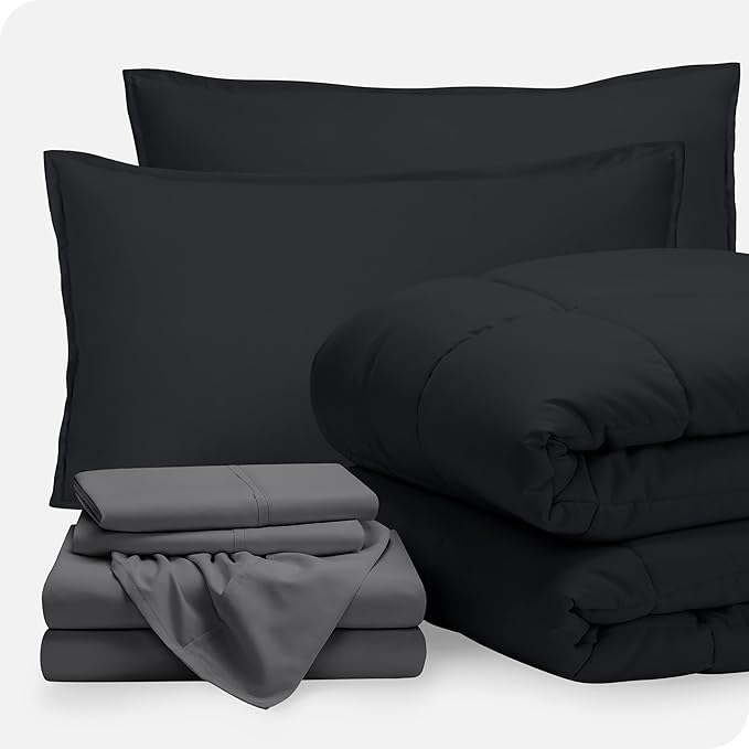 Bare Home Bed-in-A-Bag 7 Piece Comforter & Sheet Set - King - Goose Down Alternative - Ultra-Soft 1800 Premium - Bed Set (King, Black/Grey)