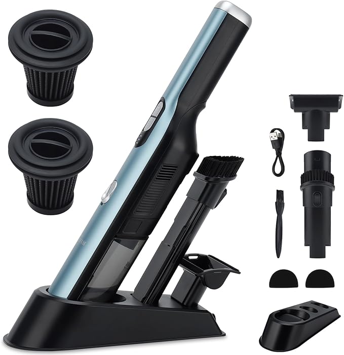 Handheld Cordless Vacuum Cleaner, Portable Car Vacuum with 18KPa Suction Power, Quick-Charge Hand Vac with LED Headlight & Storage Dock for Home Office Desk Keyboards Pet Hair, Blue