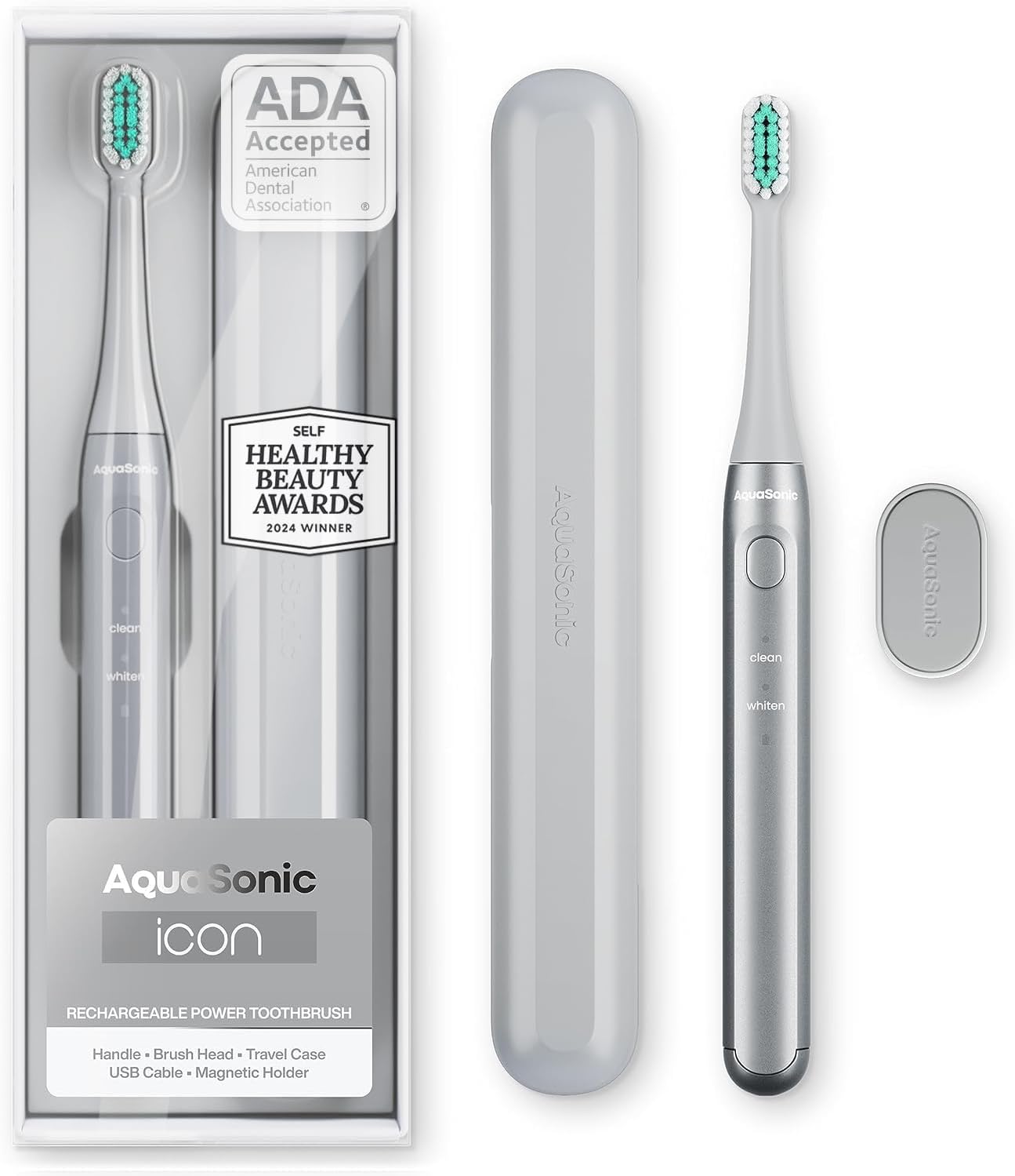 Aquasonic Icon ADA-Accepted Rechargeable Toothbrush | Magnetic Holder & Slim Travel Case | 2 Brushing Modes & Smart Timers | Gentle Micro-Vibrations (Lilac)