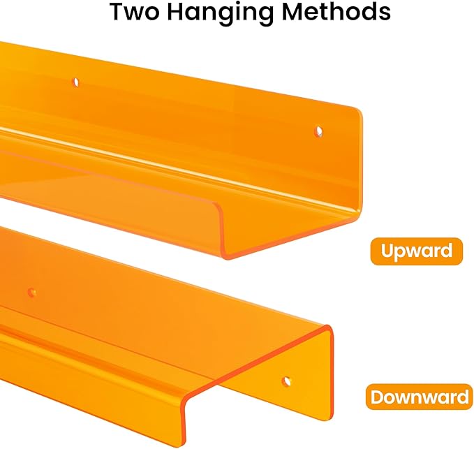 upsimples Acrylic Shelves for Wall Decor, 15" Display Shelf Perfume Organizer for Bathroom, Bedroom, Living Room, Floating Bookshelves for Kids, Clear Orange, 4 Pack