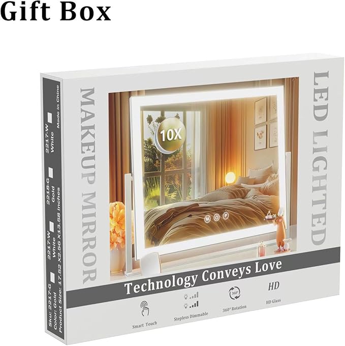 Lighted Makeup Mirror, 17.3"x13" Hollywood Vanity Mirror with Lights, Three Color Lighting Modes, and 5X Magnification Mirror, Smart Touch Control, 360°Rotation (Gold, Gift Box)