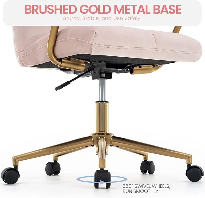 Velvet Home Office Desk Chair, Upholstered Adjustable Swivel Task Chair with Wheels, Tufted Mid-Back Computer Chair with Arms, for Study Living Room Vanity (Pink, Gold Base)