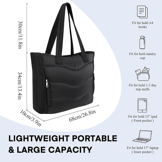Skycase Puffer Tote Bag for Women - Lightweight Puffy Work Handbag- Large Laptop Quilted Shoulder Bag for Daily, Travel, Gym