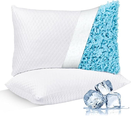NTCOCO Cooling Bed Pillows Standard Size Pack of 2 for Sleeping Shredded Memory Foam Bed Pillows Adjustable Gel for Side Stomach Back Sleepers Washable Removable Cover