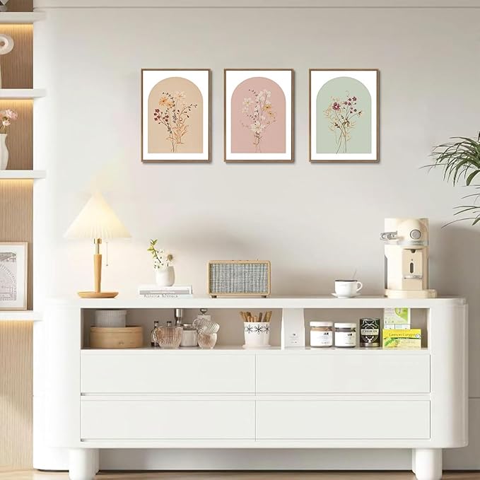 KISSFOX 3 Piece Framed Wall Art Botanical Wall Decor Floral Pictures Wildflower Canvas Art Pink Green Yellow Paintings Minimalist Boho Artwork For Girly Room Bedroom Apartment Living Room