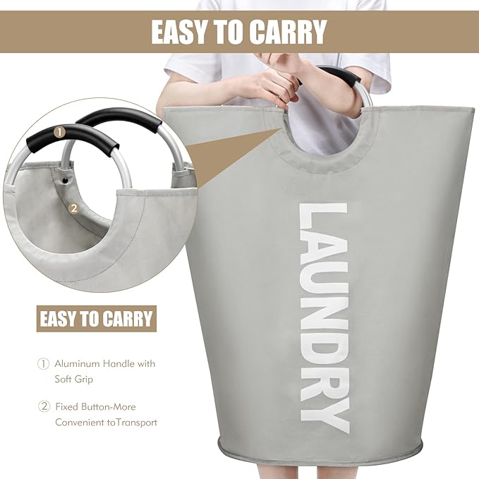 DOKEHOM 90L Large Laundry Basket, Collapsible Laundry Bag, Freestanding Tall Clothes Hamper, Foldable Washing Bin (Grey)