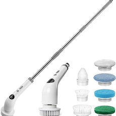 Qimedo Handheld Spin Scrubber with Extended Long Handle, Rechargeable Electric Scrubber for Cleaning, Cordless Power Dish Scrubber with 6 Brushes for Bathtub Grout Tile Floor