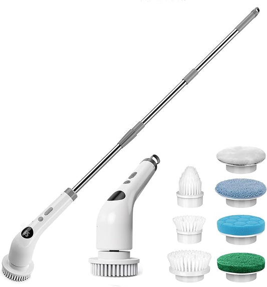 Qimedo Handheld Spin Scrubber with Extended Long Handle, Rechargeable Electric Scrubber for Cleaning, Cordless Power Dish Scrubber with 6 Brushes for Bathtub Grout Tile Floor