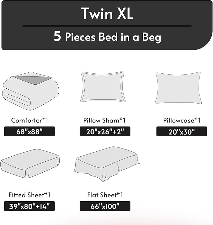 MUXHOMO 5 Pieces Twin XL Comforter Set, Reversible Bed in a Bag Twin XL Size, All Season Bedding Set with Comforter, Flat Sheet, Fitted Sheet, Pillowcases & Shams, Black & Soot