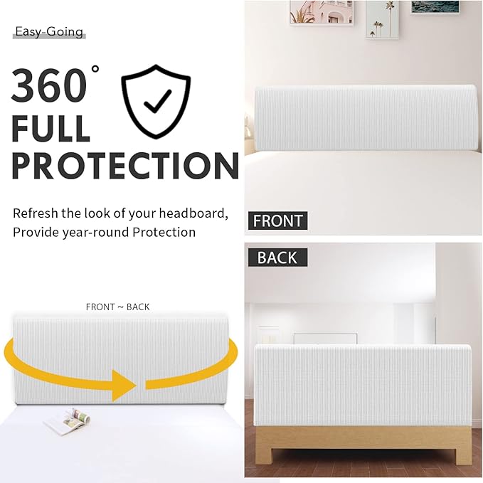 Easy-Going Stretch Bed Headboard Slipcover, Small Square Jacquard Furniture Cover, Dustproof Protector Cover for Bedroom Decor (Full,White)
