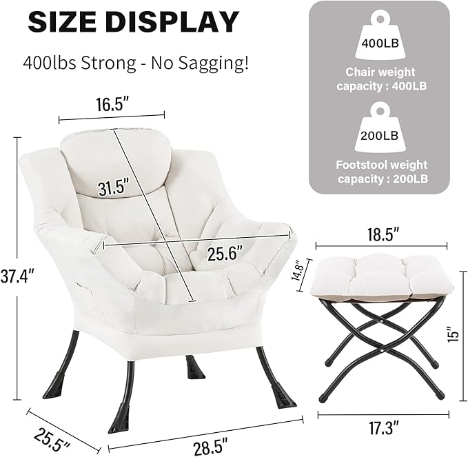 Tiita Lazy Chair with Ottoman, Modern Large Accent Lounge Armchair, Comfy Leisure Sofa Reading Chair with Footrest for Bedroom, Living Room, Dorm Rooms, Garden and Courtyard, Beige