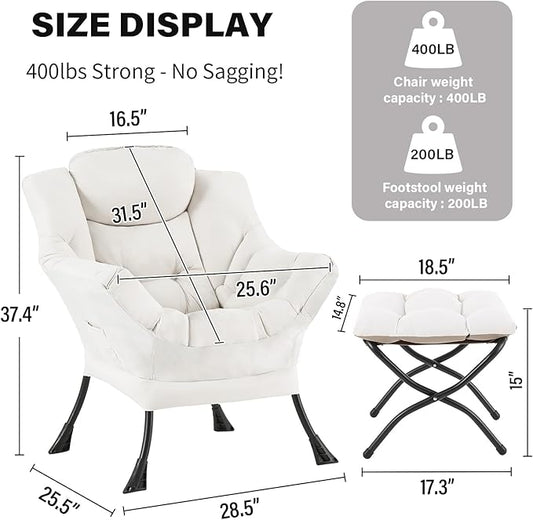 Tiita Lazy Chair with Ottoman, Modern Large Accent Lounge Armchair, Comfy Leisure Sofa Reading Chair with Footrest for Bedroom, Living Room, Dorm Rooms, Garden and Courtyard, Beige