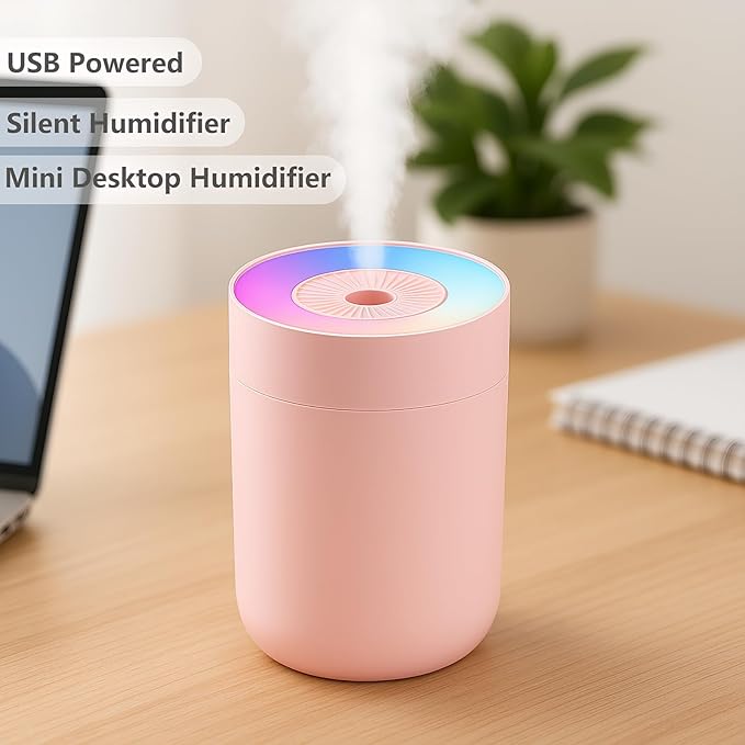 230ML Humidifier for Bedroom, Air Humidifier for Home, Plant Humidifiers Indoor Small with LED Colorful Gradient Light, USB Powered for Desk, Car, Travel, Hotel Room (Pink)
