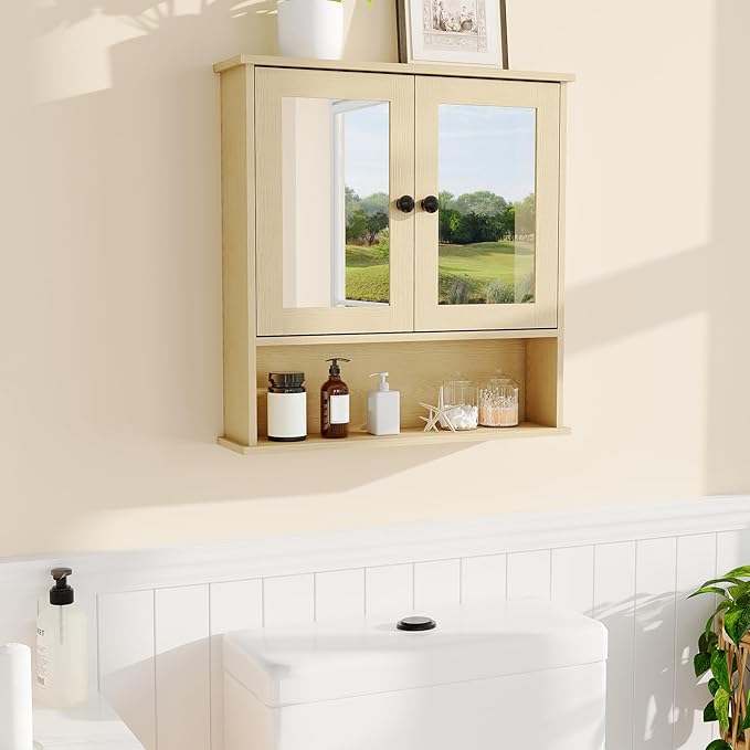 22.2 Inch Mirrored Medicine Cabinet for Bathroom, Over Toilet Wall-Mounted Storage Cabinet with Adjustable Shelf, Waterproof MDF Cabinet for Bathroom Organization