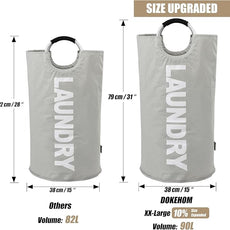 DOKEHOM 90L Large Laundry Basket, Collapsible Laundry Bag, Freestanding Tall Clothes Hamper, Foldable Washing Bin (Grey)