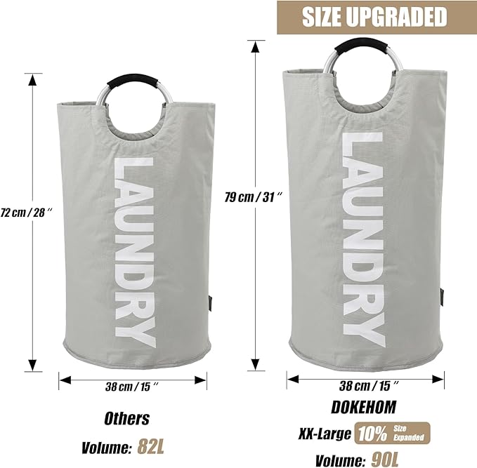 DOKEHOM 90L Large Laundry Basket, Collapsible Laundry Bag, Freestanding Tall Clothes Hamper, Foldable Washing Bin (Grey)