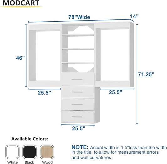 Modular Closet System, 78" Wide Closet Organizer System with Hanging and Drawers, Wood Tower Closet Storage for Walk In Closets, Wall Mounted Wardrobe Organizer Kit System, Bedroom, White