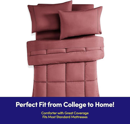 Dorm Room Essentials College Bedding Comforter Set 7 Piece Full Size Bed in a Bag for College Students Boys and Girls, Full, Burgundy