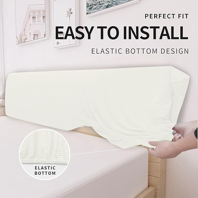 Easy-Going Stretch Bed Headboard Slipcover, Small Square Jacquard Furniture Cover, Dustproof Protector Cover for Bedroom Decor (Twin, Cream)