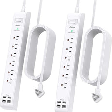 2 Pack Power Strip, 15FT Long Extension Cord, Surge Protector with 6 Outlets and 4 USB Charging Ports(2 USB C), Flat Plug Overload Protection, Wall Mount for Home Office Dorm College