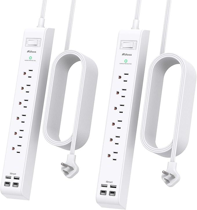 2 Pack Power Strip, 15FT Long Extension Cord, Surge Protector with 6 Outlets and 4 USB Charging Ports(2 USB C), Flat Plug Overload Protection, Wall Mount for Home Office Dorm College