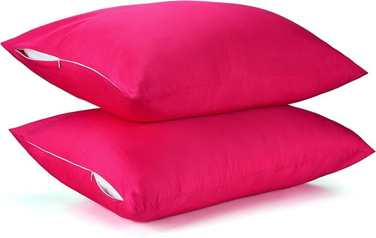 400 Thread Count Cotton Pillow Case Queen with Zipper, 30" L x 20" W, Cotton Pillow Protectors Cover- Set of 2 - Hot Pink - Pillows Not Included