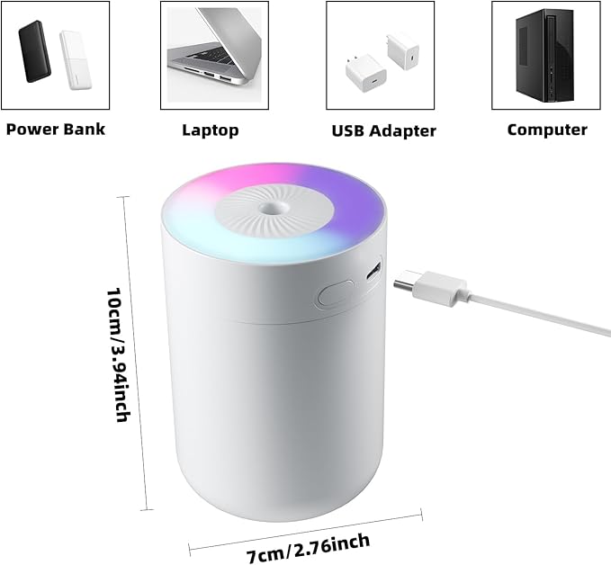 230ML Humidifier for Bedroom, Air Humidifier for Home, Plant Humidifiers Indoor Small with LED Colorful Gradient Light, USB Powered for Desk, Car, Travel, Hotel Room (White)