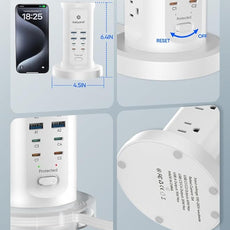 115W USB Charging Station, Surge Protector Power Strip Tower, 9 AC Outlets with 8 USB Ports(4 USB-C), 6Ft Flat Plug Retractable Extension Cord, for Home Office Dorm, White