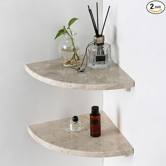 Koville Italian Marble Corner Shower Shelf for Bathroom, 10'' Marble Corner Shelves for Bath, Wall Mounted Stone Corner Shower Caddy, No Drilling Adhesive Shower Shelf - Perlato Appia (2-Layer)